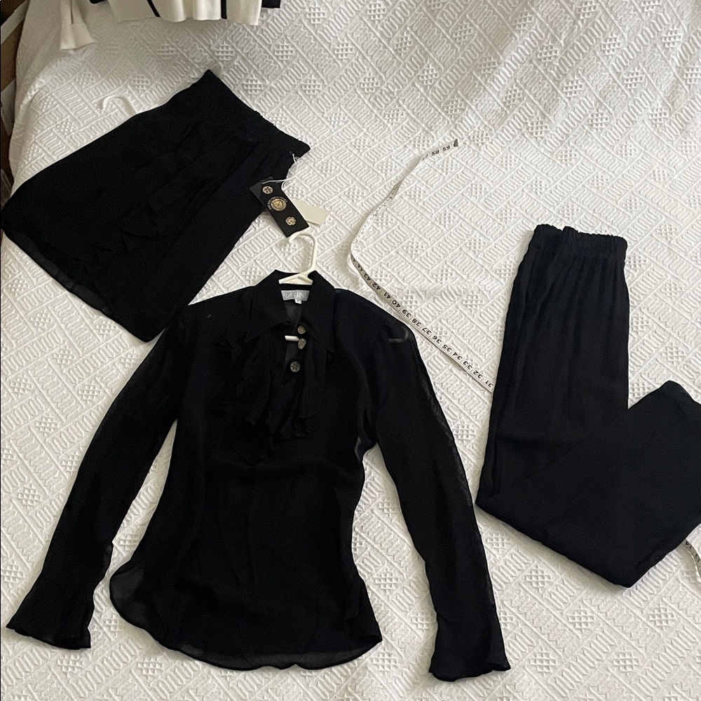 3 pc set sheer Black Ruffle Blouse skirt high waist pants ruffle Button Detail - Picture 2 of 16